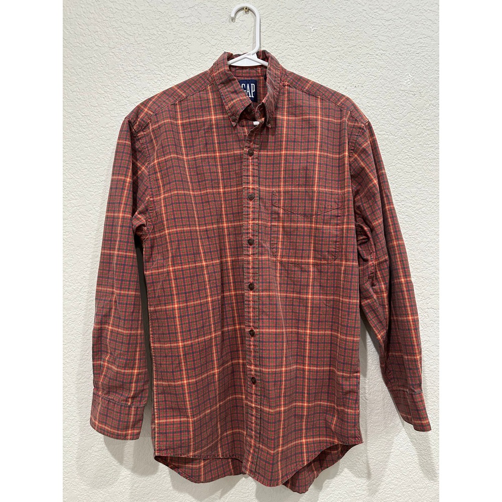 Vintage Gap Mens Small Red Green Plaid Cotton Button Down Shirt Long Sleeve S